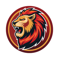 Fierce lions head in profile, depicted with a fiery mane and an open mouth, symbolizing power, courage, and royalty, set against a circular background