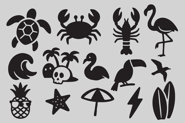 Beach and tropical summer vector silhouette icons including turtle, crab, lobster, flamingo, wave, pineapple, surfboards, starfish, toucan, and palm trees for decoration and design use.