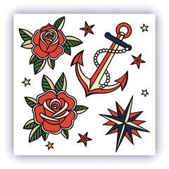 The image you’ve uploaded is a vibrant collection of vintage tattoo flash designs, featuring traditional American tattoo motifs such as roses, hearts, daggers, wings, keys, and banners with words like