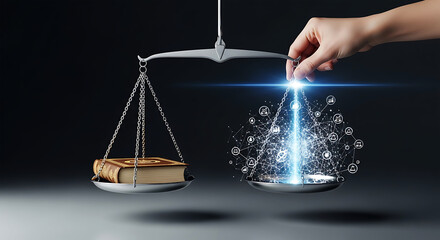 Hand balancing scales comparing old book knowledge with modern digital information