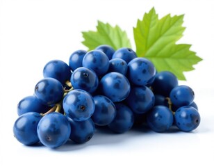 Fototapeta premium Fresh blue grapes surrounded by a lush green leaf, perfect for food and nature photography
