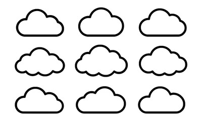Minimalist black outline cloud icon set in vector style, isolated 