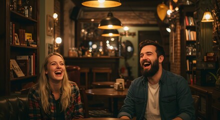 A woman and a man laugh together in a warmly lit bar or pub, enjoying each other's company.