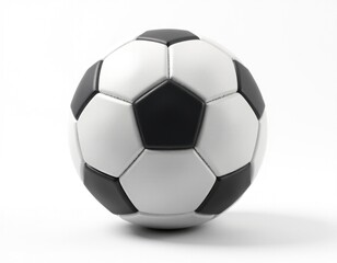 A close-up of a black and white soccer ball sitting on a white background