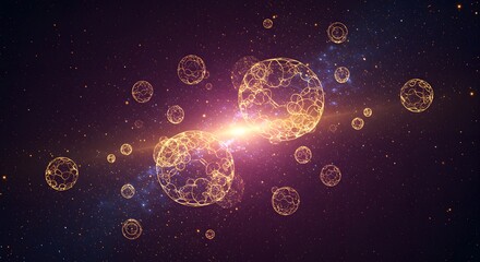 Naklejka premium A cosmic dance of glowing orbs in a starry expanse with a bright central light and nebula backdrop