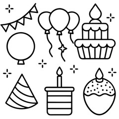 Happy Birthday Elements Line Art Vector Pack