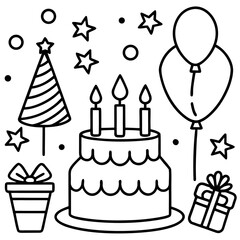 Happy Birthday Elements Line Art Vector Pack