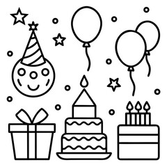 Happy Birthday Elements Line Art Vector Pack