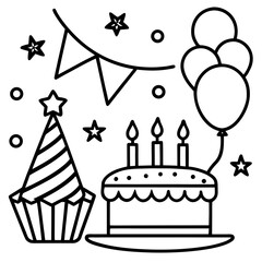 Happy Birthday Elements Line Art Vector Pack