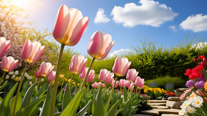 Sunlit pink tulips in full bloom, capturing the essence of spring in a natural garden background.