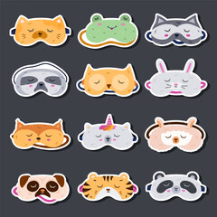 Funny cartoon sticker set with animal sleeping mask for planners, notebooks. Ready for print list of cute eye mask in the shape of cat, frog, tiger head. Hand drawn night accessory sticker layout.