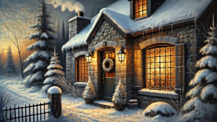 Cozy winter cottage scene. A snow-covered stone house with warm, glowing windows on a winter night.