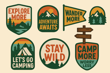 Retro outdoor camping badge illustrations with tents, mountains, forest signs, and adventure quotes. Perfect for travel patches, stickers, apparel prints, and wilderness exploration branding.