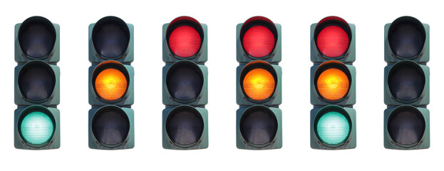 Set of isolated traffic lights with different color combinations.