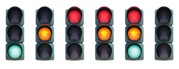 Set of isolated traffic lights with different color combinations.