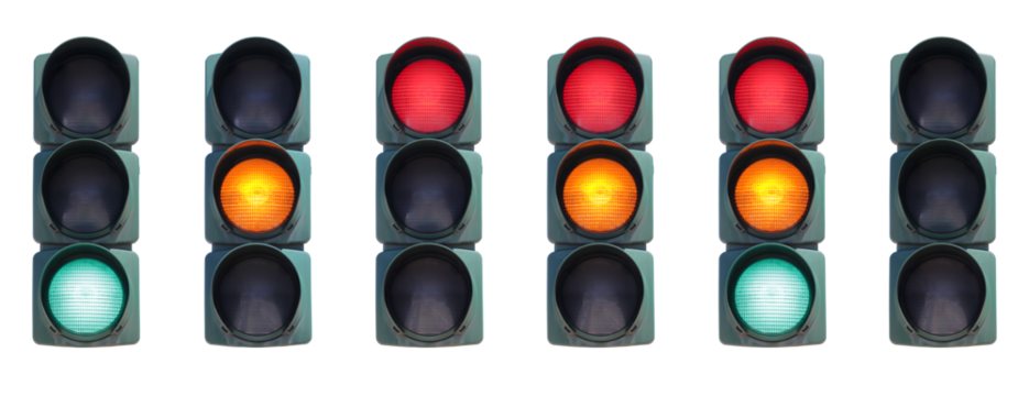 Set of isolated traffic lights with different color combinations.