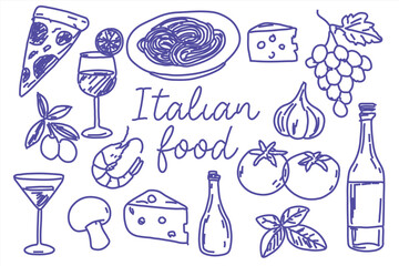 Hand-drawn Italian food doodle set with pizza, pasta, cheese, wine, olives, tomatoes, garlic, grapes, shrimp, and herbs in sketch style for menu designs, restaurant decor, and cuisine themes.

