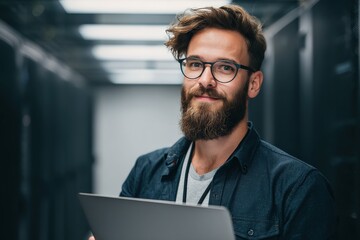 A smiling man with a beard holds a laptop in a server room, showcasing a blend of technology and professionalism.