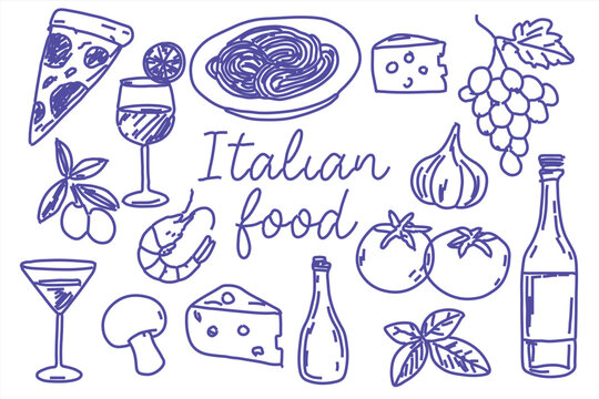Hand-drawn Italian food doodle set with pizza, pasta, cheese, wine, olives, tomatoes, garlic, grapes, shrimp, and herbs in sketch style for menu designs, restaurant decor, and cuisine themes.

