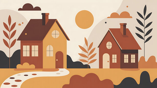 Two cozy houses in a peaceful autumnal landscape.
