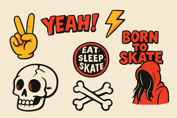 Retro skateboarding sticker set with skull, peace sign, crossed bones, lightning bolt, hoodie figure, and bold phrases like “Born to Skate” and “Yeah” in cartoon vintage style.