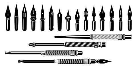 Set of Fountain Pen Nibs and Holders. Vector cliparts isolated on white.