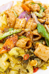 angle view dish of stir-fried pig intestines at vertical composition