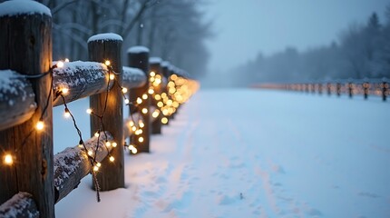 Rustic wooden fence with snow and string lights winter