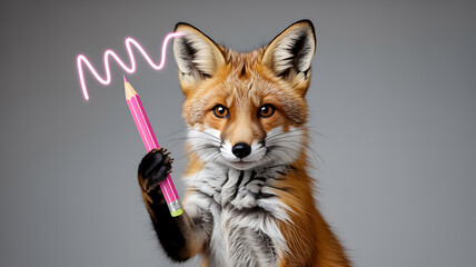 Obraz premium Fox holds a pink pencil, poised to create. 