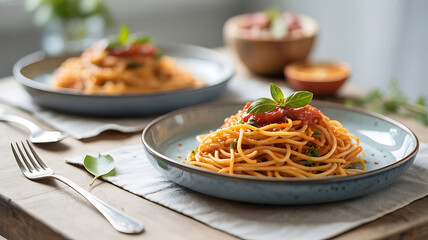 Two plates of spaghetti with tomato sauce and basil.
