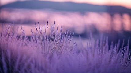 Fototapeta premium Lavender field bathed in soft purple light. 