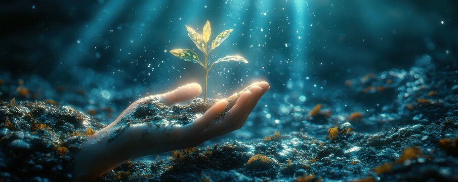 Hand nurturing a young plant under sunlight and gentle rainfall
