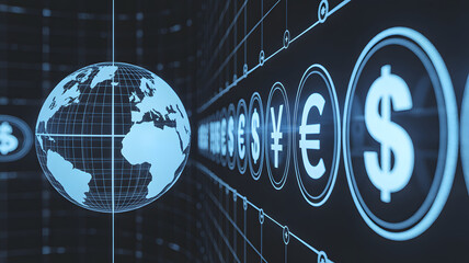 Global finance trends represented with world globe and currency symbols for business investment strategies