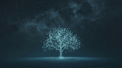 Luminous tree, lit by soft light, stands alone in a dark night.
