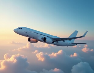 Fototapeta premium Aerial view of a commercial airplane soaring through a cloudy atmosphere, suitable for aviation or travel-related themes