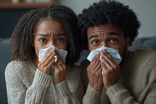 A couple sharing a cold season at home feeling under the weather