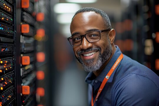 Smiling IT professional working in a server room with efficient data systems.