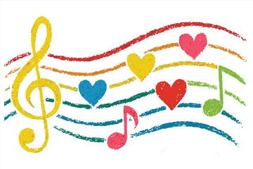 Colorful hand-drawn music notes and hearts on rainbow staff with treble clef, crayon style musical art for children, love songs, creativity, music education and playful design themes.

