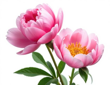 A pair of pink flowers in a vase sit on a table