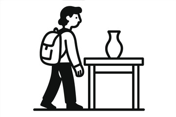 Vector graphics of a clay jug on a desk and a man with an apron in thin line icon style, representing pottery making, alongside a human with a vase on a table sign on a white background, suitable for