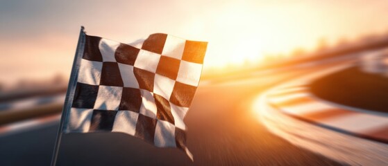 The checkered flag waving victoriously at a racing event on sunset.