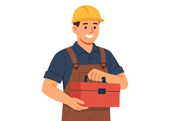 A male supervisor carries a case of equipment for fixing furniture or plumbing and gazes at a screen with a smile, while a man in a builder's helmet works as a foreman or construction worker offering