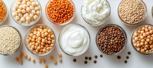 flat lay of various protein sources including chickpeas, lentils, and yogurt, showcasing healthy eating options