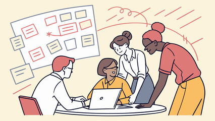 "An office illustration showing a team of three young professionals collaborating during a meeting. One woman is standing, holding a paper and explaining something to two seated colleagues—one man and