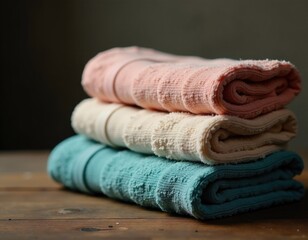 Three towels stacked on a wooden table, ready for use
