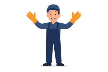 A man wearing work gloves and a blue uniform, suitable for industrial safety, manual labor protection, or adherence to workplace equipment standards