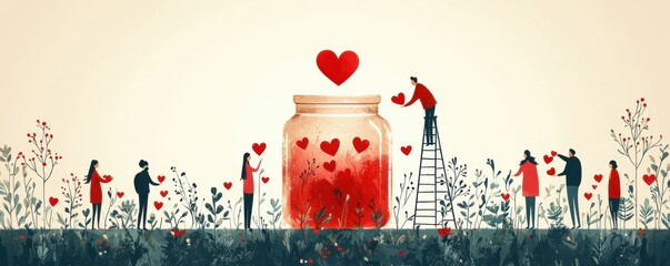 People placing heart-shaped decorations on a jar in a whimsical scene