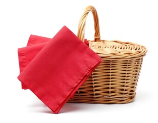 A wicker basket containing two red napkins, perfect for adding a pop of color to any setting
