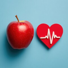 Obraz premium Red apple with heart and cardiogram symbol, minimal blue background, concept of healthy eating and heart health, clean layout for medical and nutrition themes 