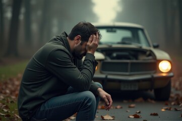 A person sits on the ground next to a vehicle, possibly stranded or taking a break
